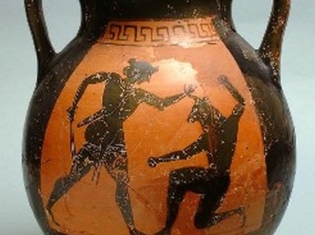 Αττική μελανόμορφη πελίκη με παραστάσεις από τη σύλληψη του Μινώταυρου. Κυπροκλασική περίοδος.